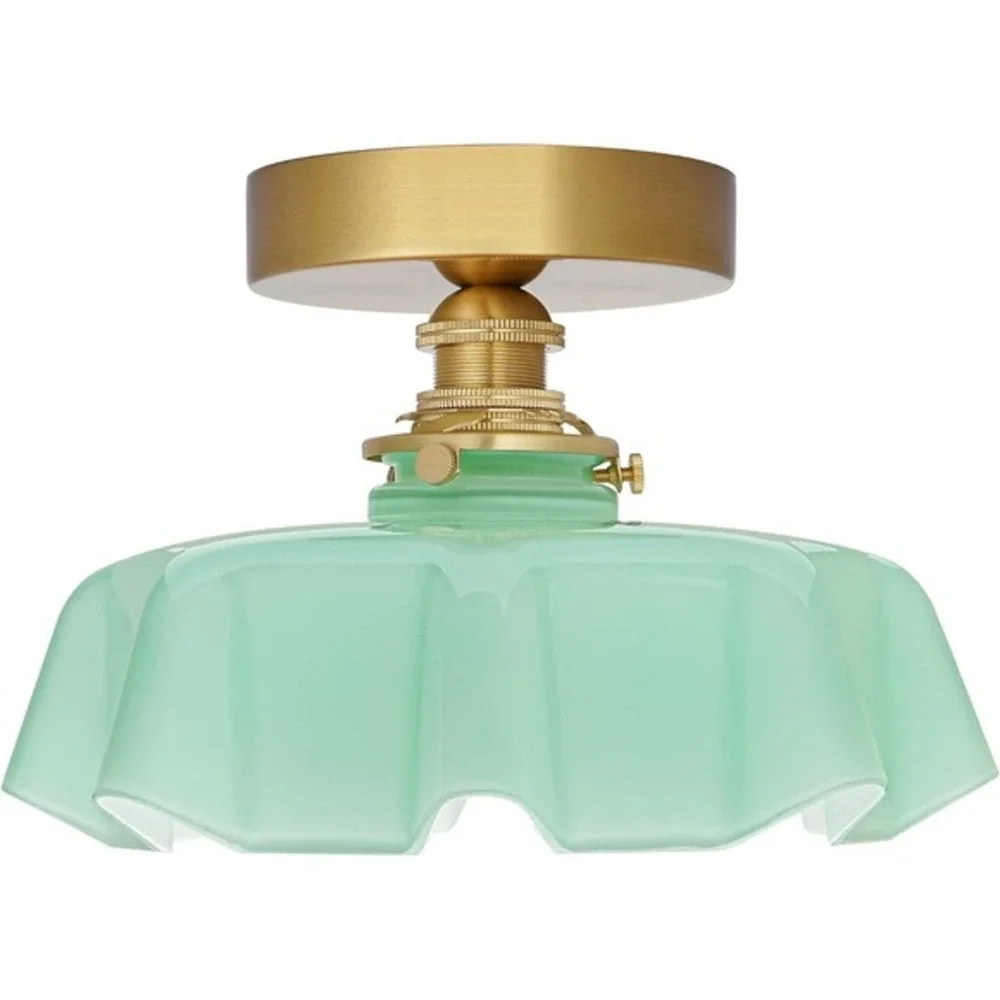 DSMJFU Brass Semi Flush Mount Ceiling Light Green Glass Small Flush Fixture NEW!